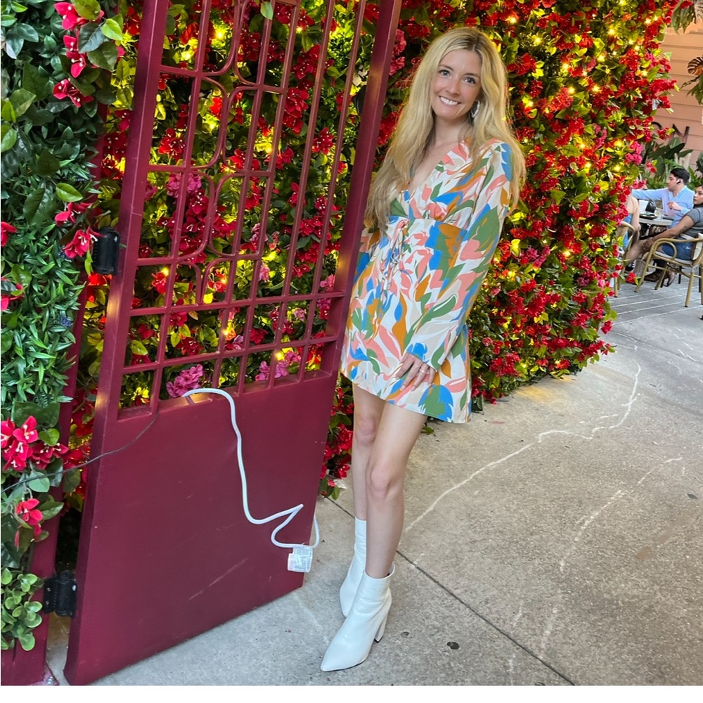 Kittenish Stand Out Multicolor Geometric Print Long Sleeve Mini Dress